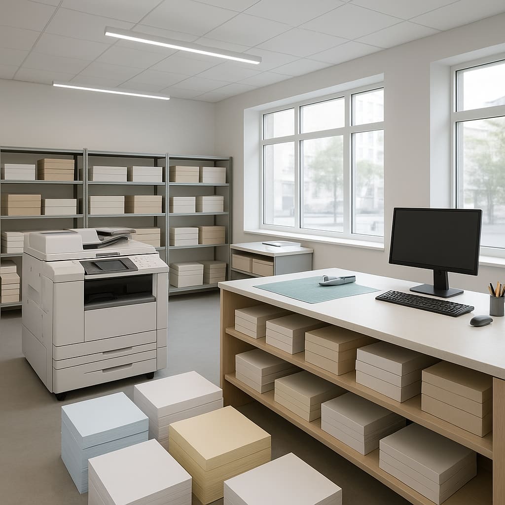 Interiér moderní tiskárny s profesionální technikou