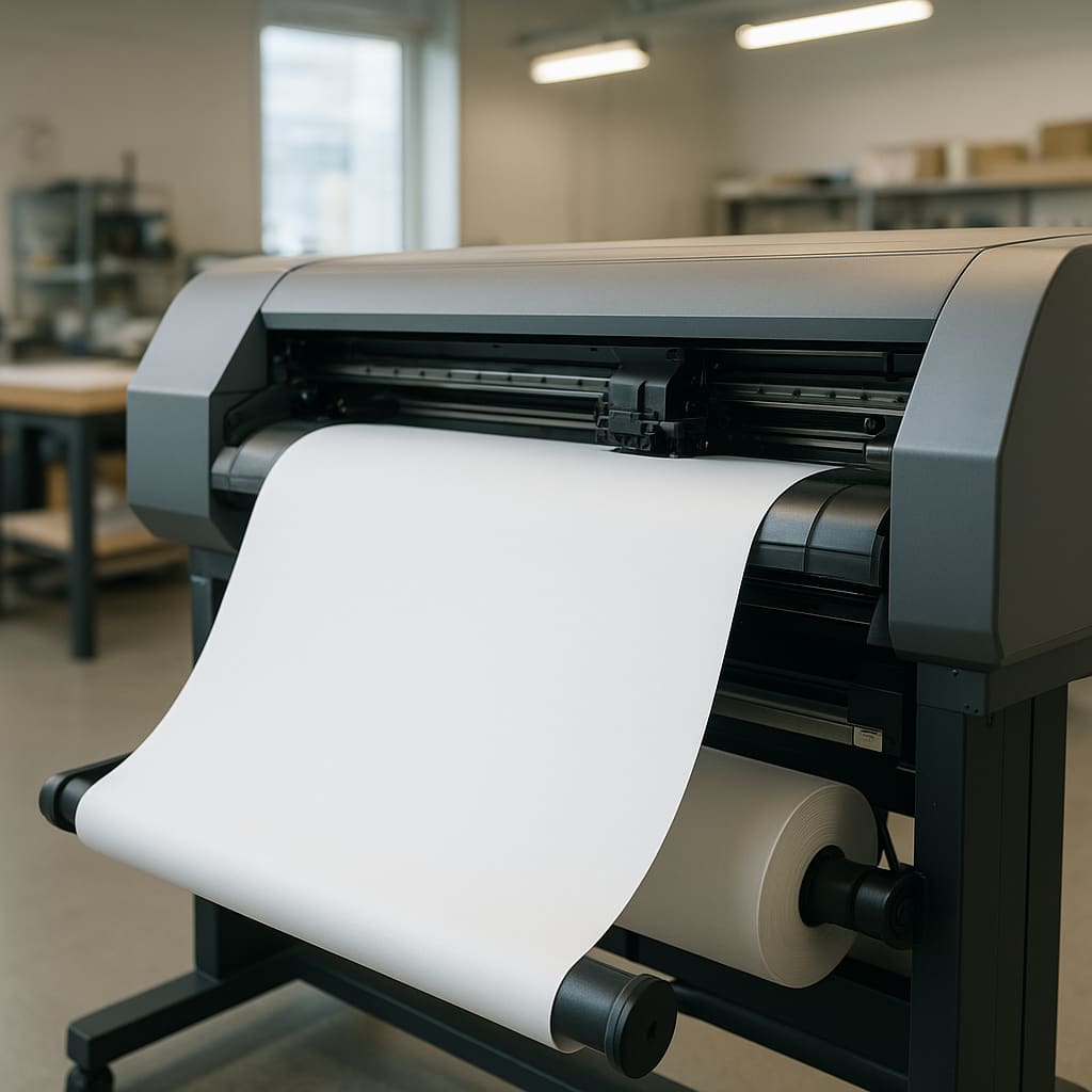 Velkoformátová tiskárna při tisku plakátu
